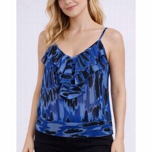 BCBGENERATION • Blue/Black Abstract Print Ruffle Trim V-Neck Tank Top, M